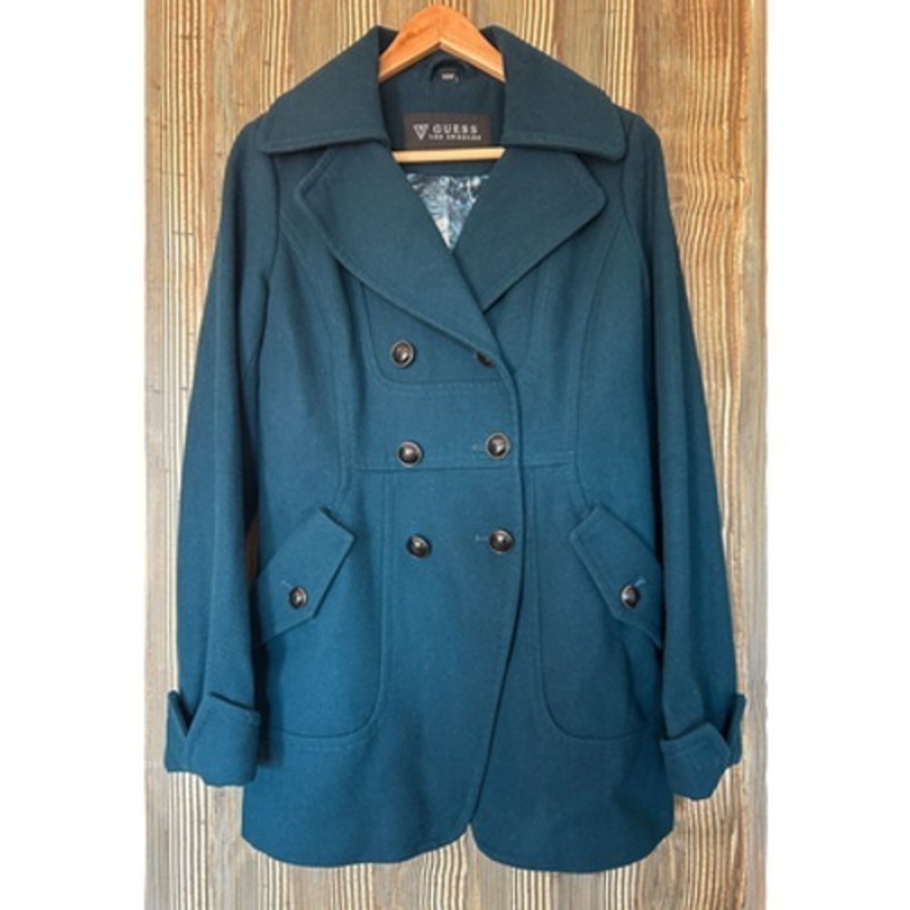 Guess Wool Blend Pea Coat Peacock Blue Double Breasted Preppy Y2K Style Size S